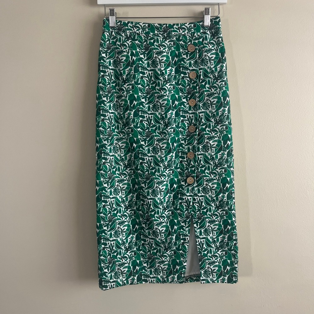 Hutch Green Toucan Tropical Linen Blend Midi Skirt Buttons Size 2